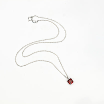 6mm Natural Garnet Square 925 Sterling Silver Pendant Necklace - January Birthstone
