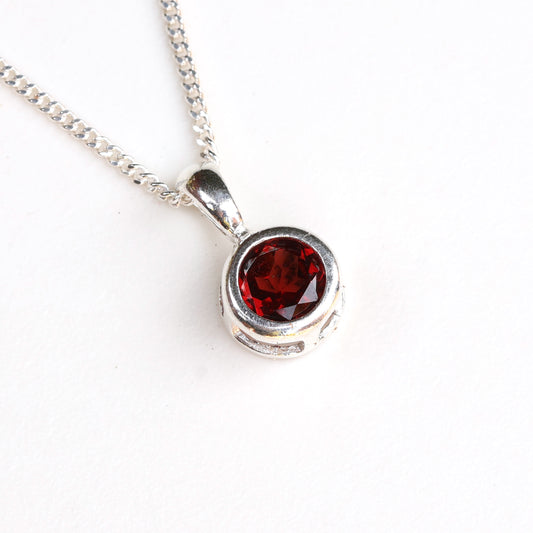 6mm Natural Garnet Sterling Silver Round Pendant Necklace - January Birthstone