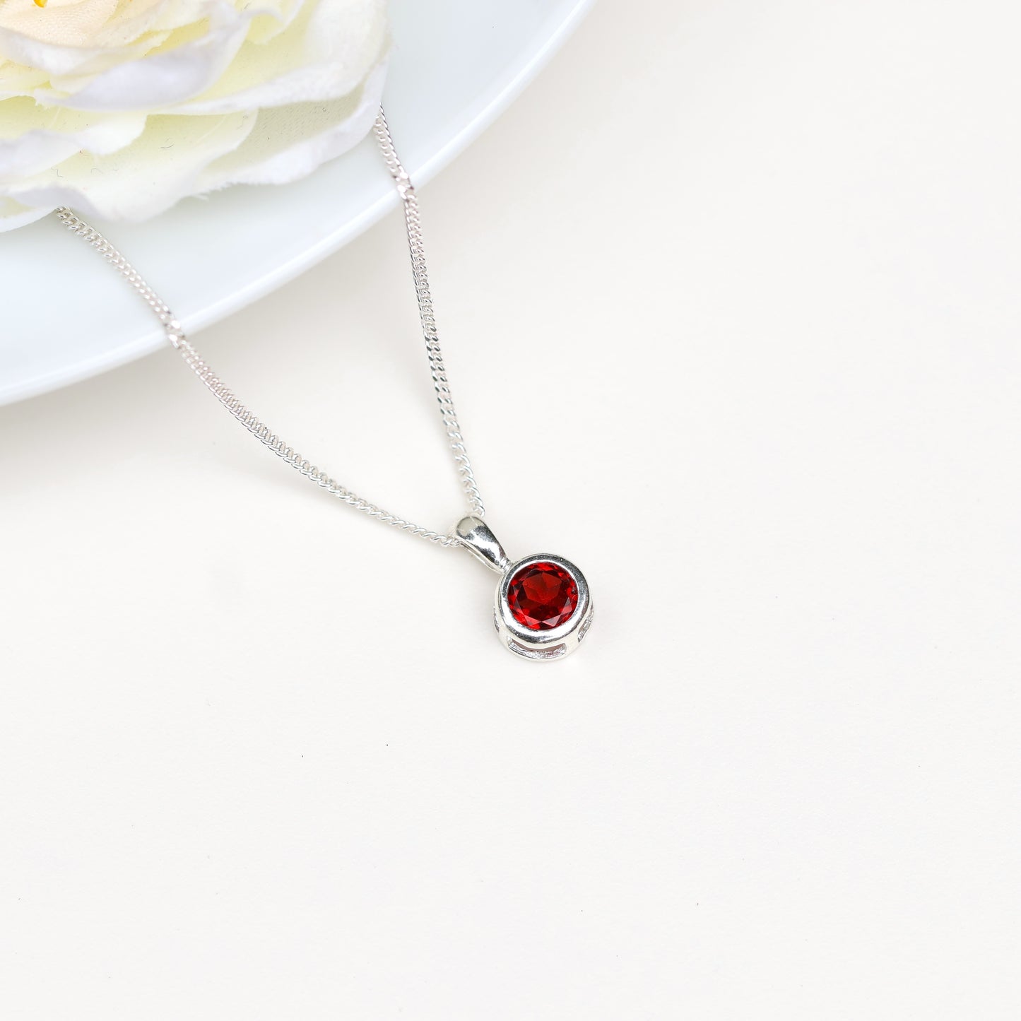 6mm Natural Garnet Sterling Silver Round Pendant Necklace - January Birthstone