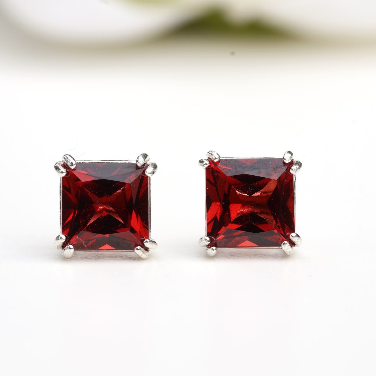 6mm Natural Garnet Sterling Silver Square Stud Earrings - January Birthstone
