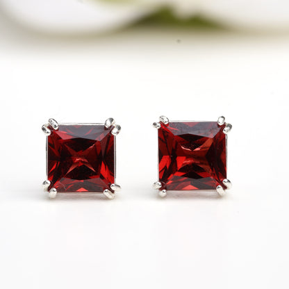 6mm Natural Garnet Sterling Silver Square Stud Earrings - January Birthstone
