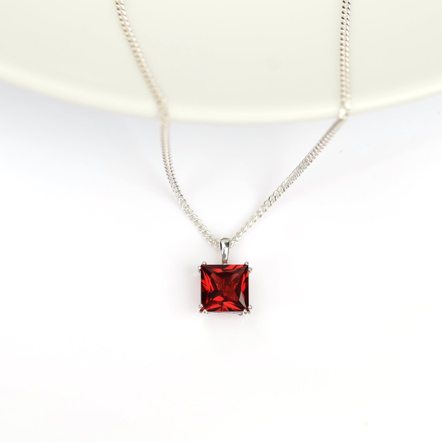 6mm Natural Garnet Square 925 Sterling Silver Pendant Necklace - January Birthstone