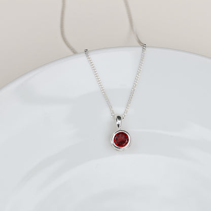 6mm Natural Garnet Sterling Silver Round Pendant Necklace - January Birthstone