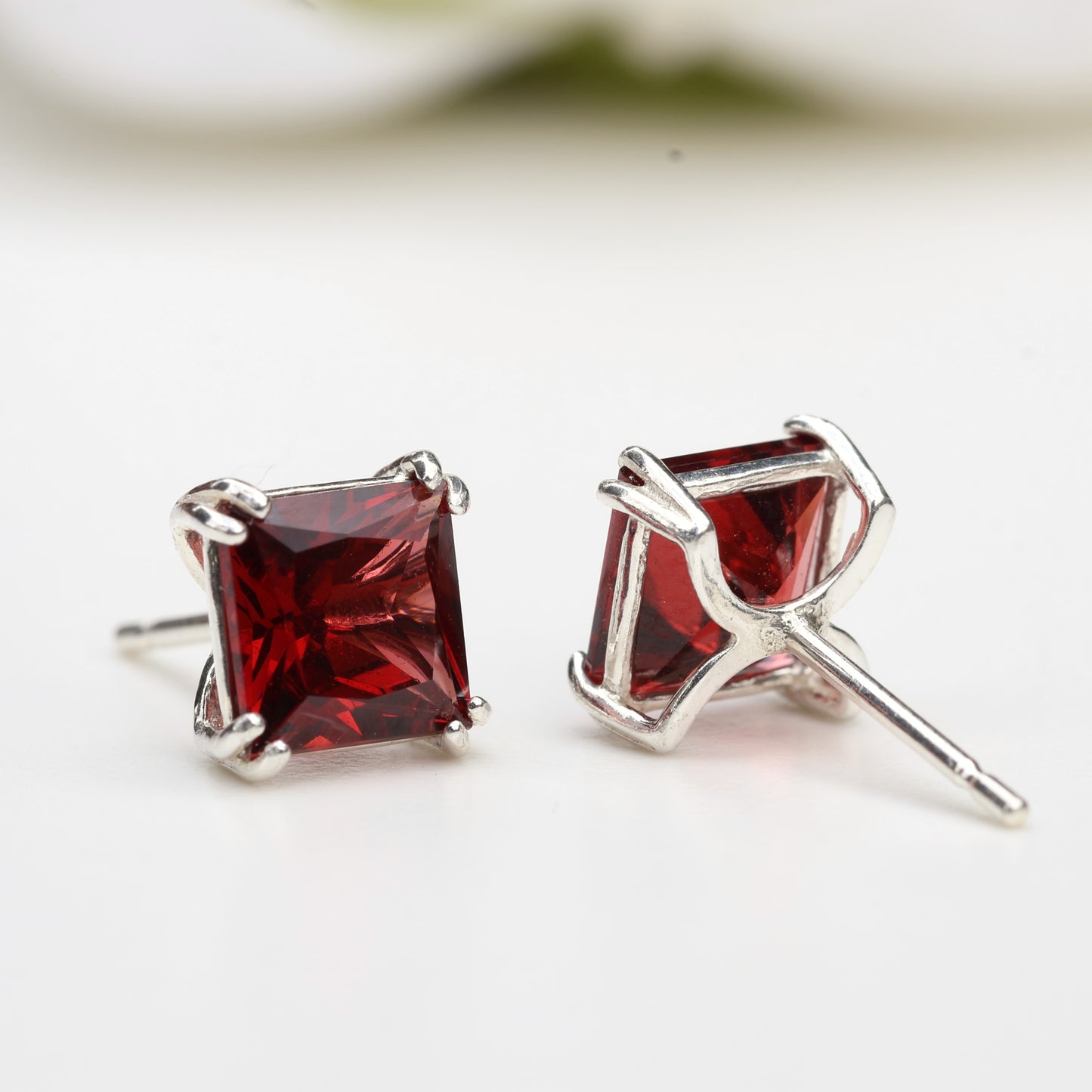 6mm Natural Garnet Sterling Silver Square Stud Earrings - January Birthstone