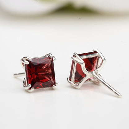 6mm Natural Garnet Sterling Silver Square Stud Earrings - January Birthstone