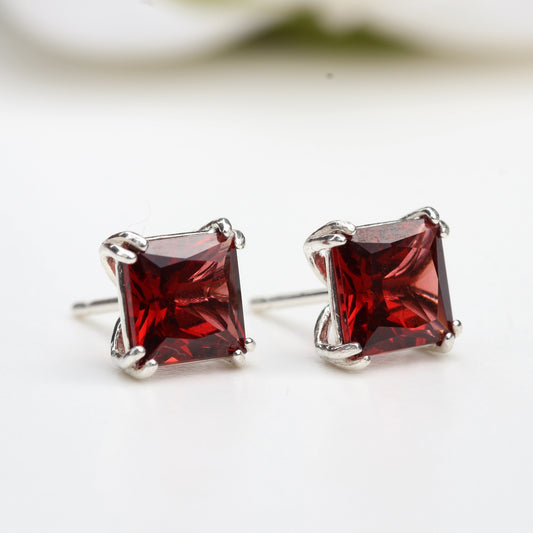 6mm Natural Garnet Sterling Silver Square Stud Earrings - January Birthstone