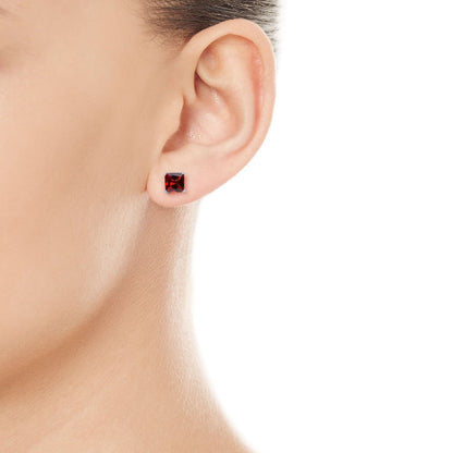 6mm Natural Garnet Sterling Silver Square Stud Earrings - January Birthstone