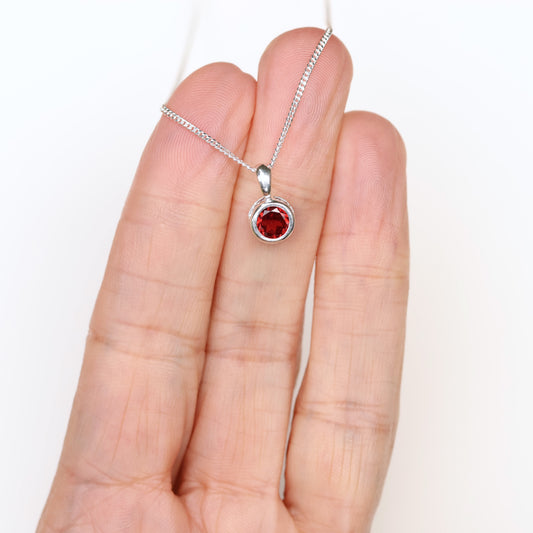 6mm Natural Garnet Sterling Silver Round Pendant Necklace - January Birthstone