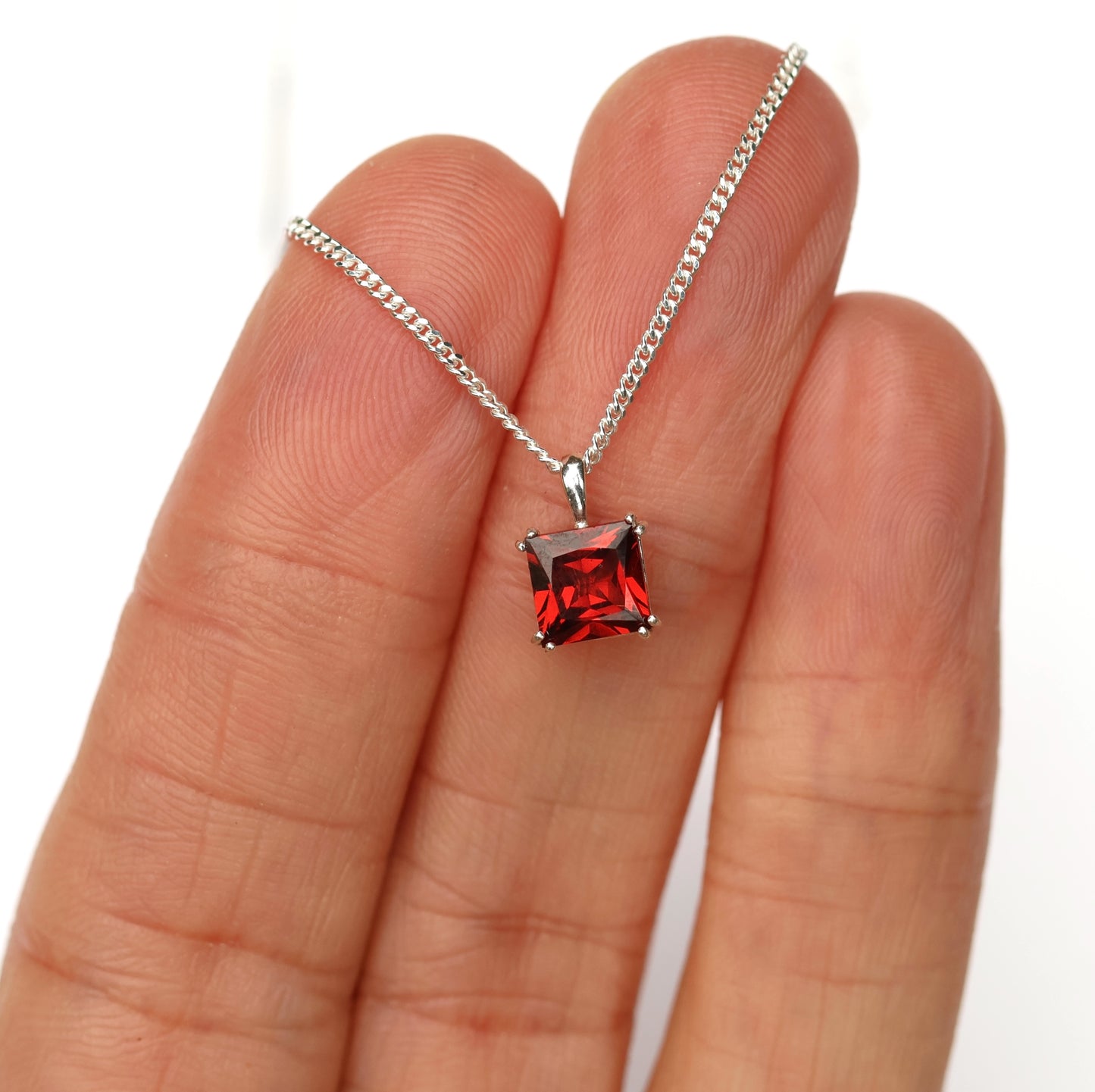 6mm Natural Garnet Square 925 Sterling Silver Pendant Necklace - January Birthstone