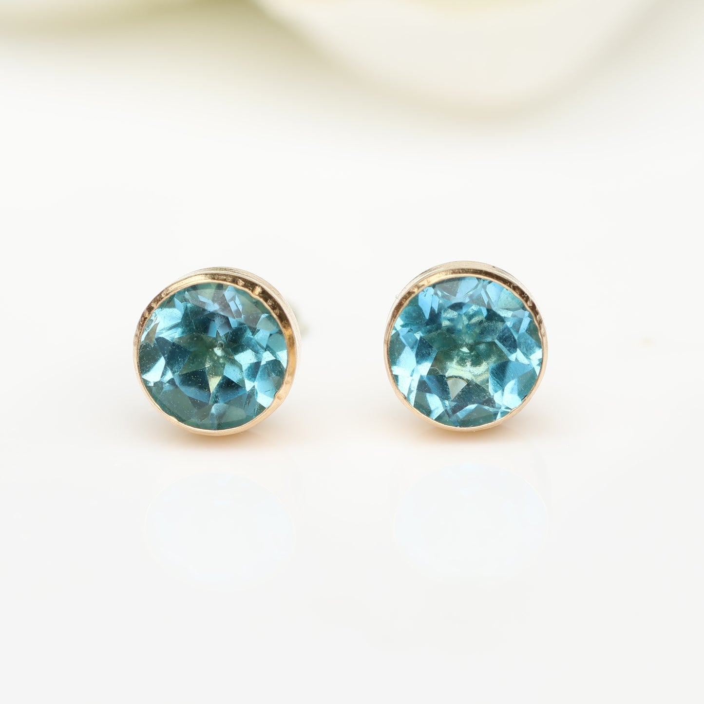 6mm Natural Swiss Blue Topaz 9ct Yellow Gold Round Bezel Stud Earrings - December Birthstone