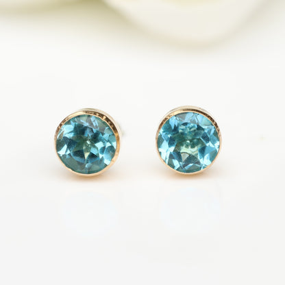 6mm Natural Swiss Blue Topaz 9ct Yellow Gold Round Bezel Stud Earrings - December Birthstone
