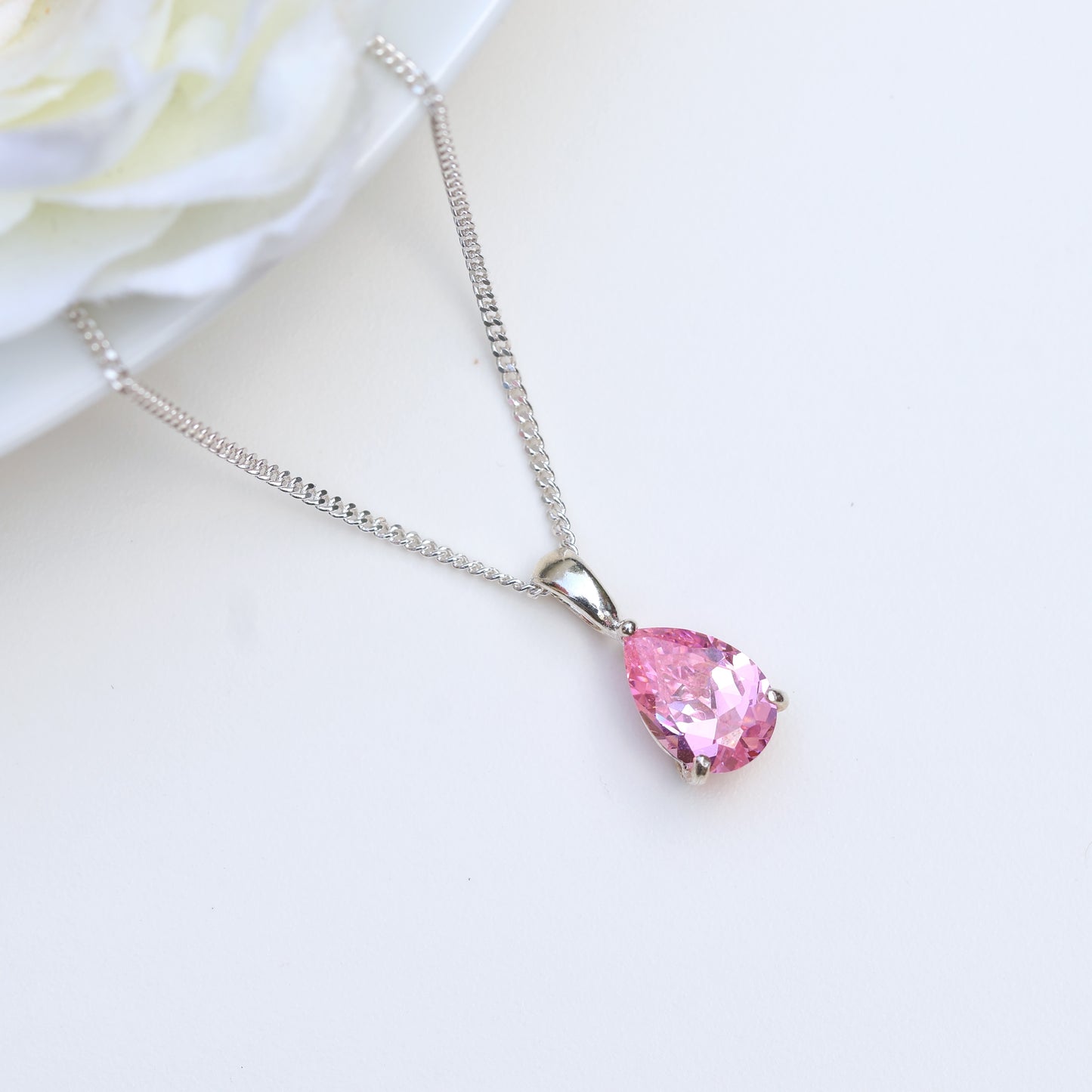 10x7mm Lab-Grown Pink Sapphire Teardrop Sterling Silver Pendant Necklace