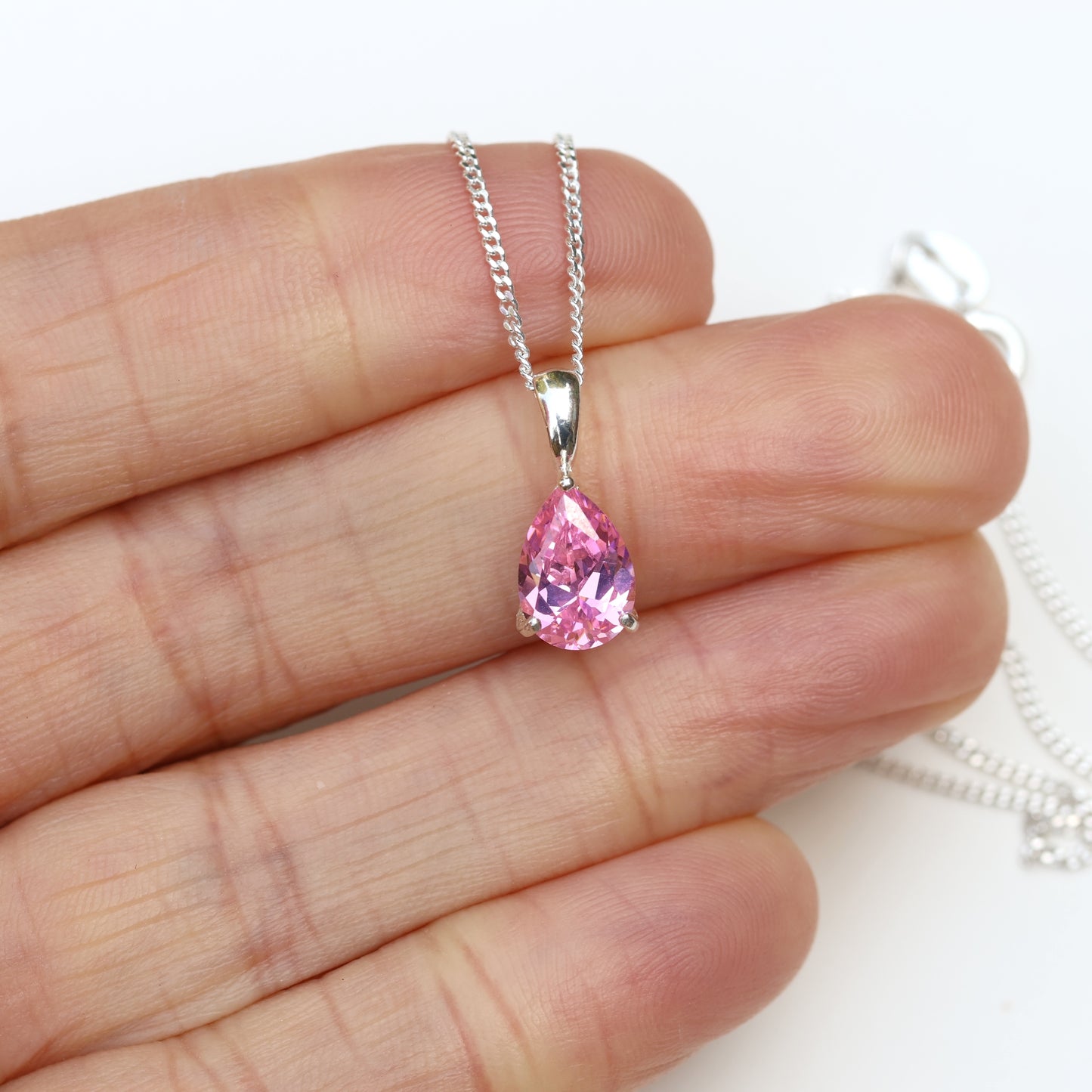 10x7mm Lab-Grown Pink Sapphire Teardrop Sterling Silver Pendant Necklace