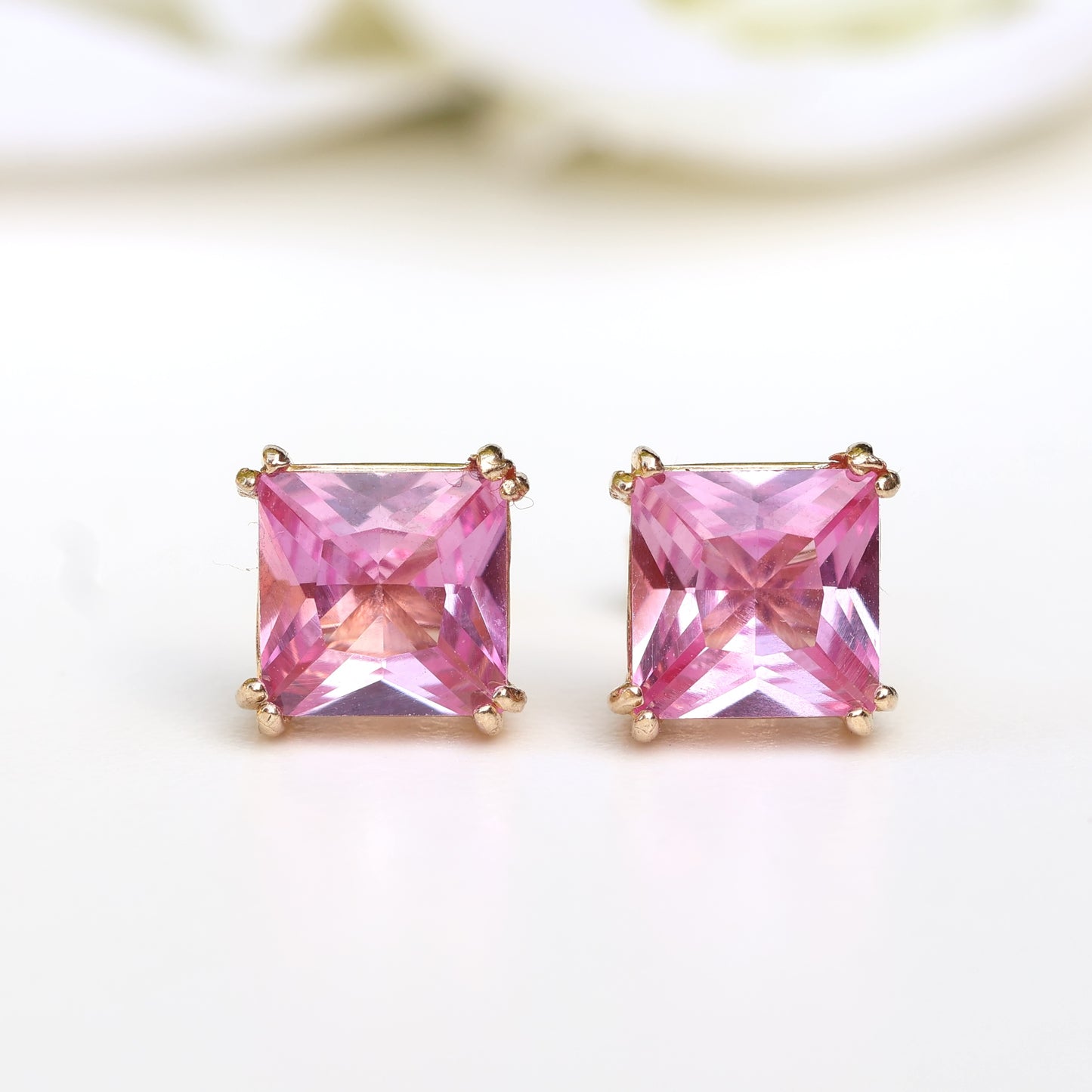 6mm Lab-Grown Pink Sapphire 9ct Yellow Gold Square Stud Earrings - September Birthstone