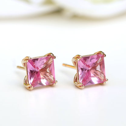6mm Lab-Grown Pink Sapphire 9ct Yellow Gold Square Stud Earrings - September Birthstone