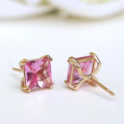 6mm Lab-Grown Pink Sapphire 9ct Yellow Gold Square Stud Earrings - September Birthstone