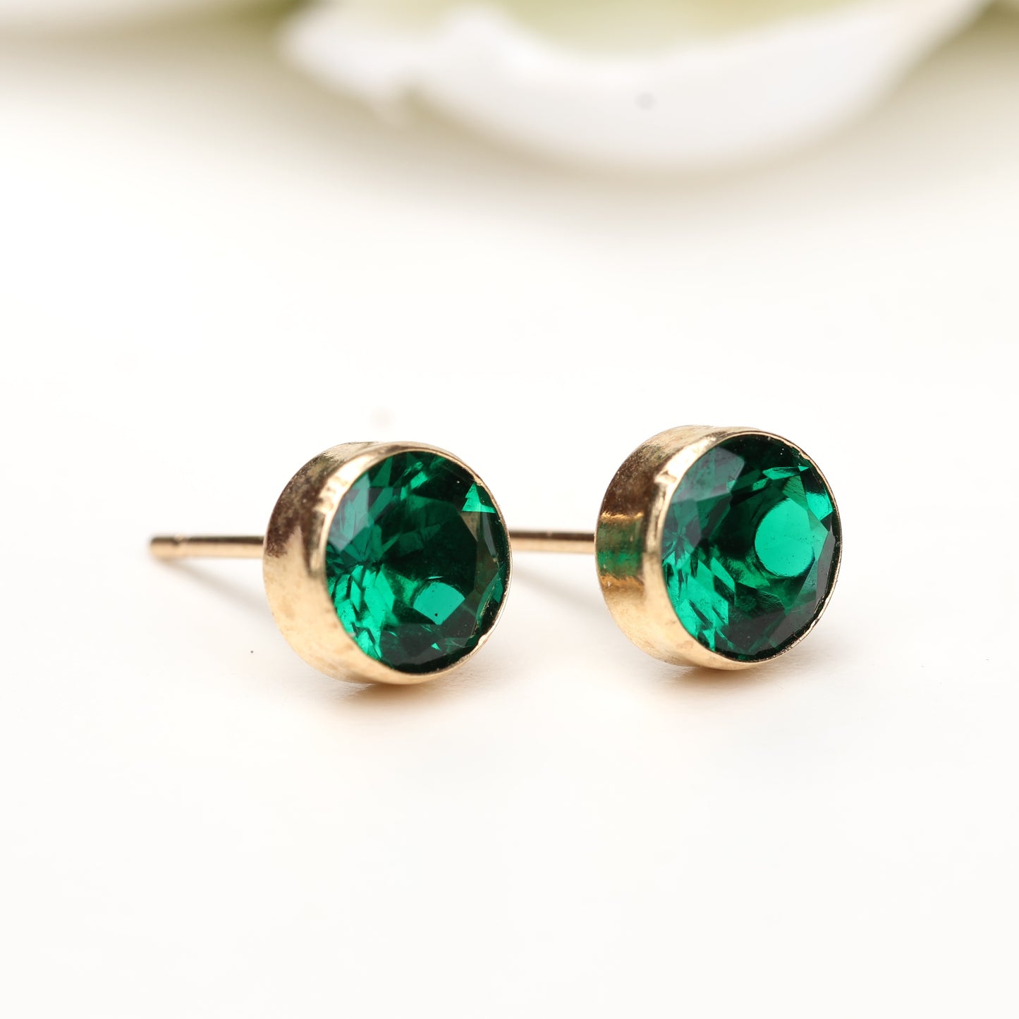 6mm Lab-Grown Emerald 9ct Yellow Gold Round Bezel Stud Earrings - May Birthstone