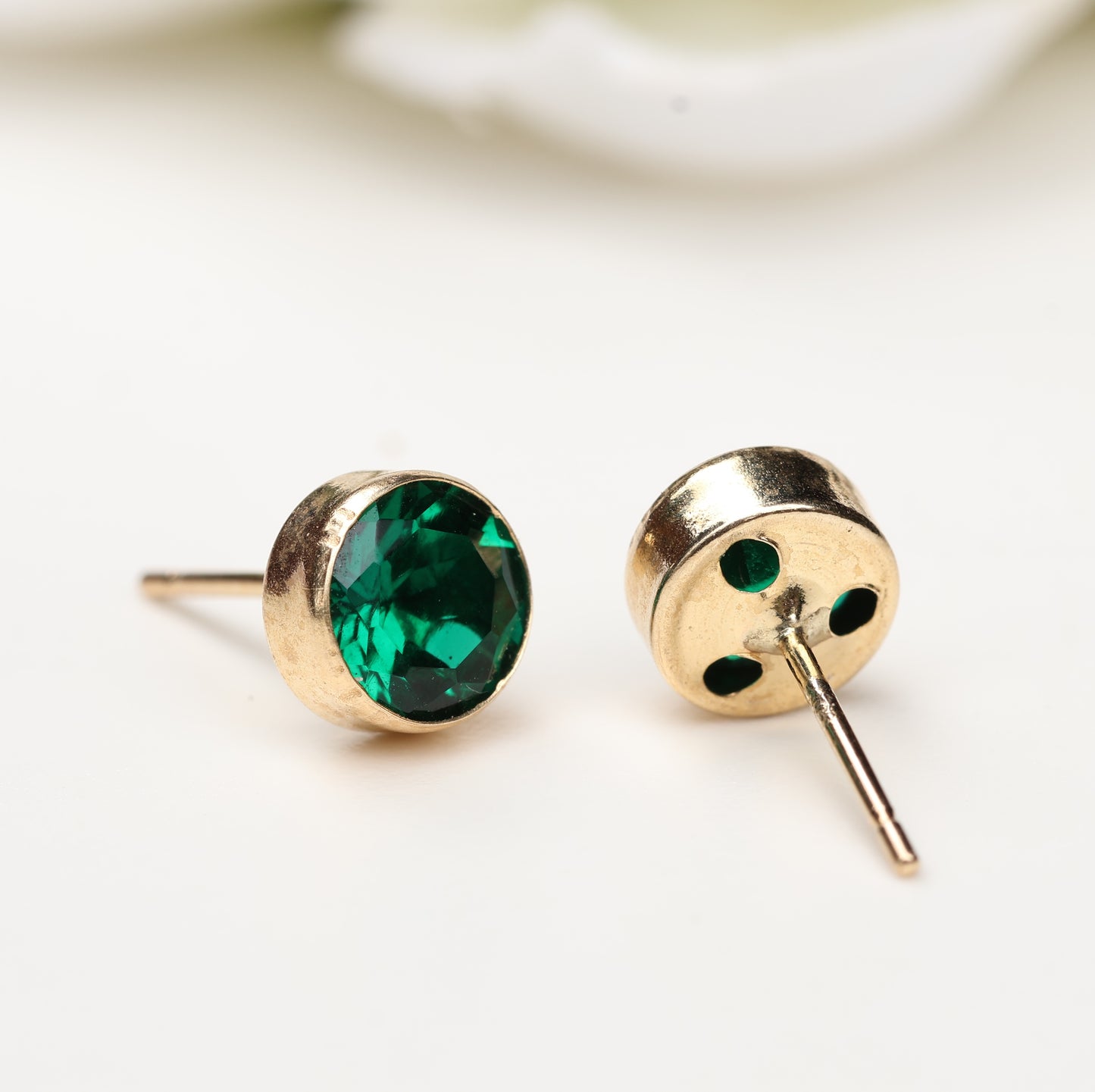 6mm Lab-Grown Emerald 9ct Yellow Gold Round Bezel Stud Earrings - May Birthstone