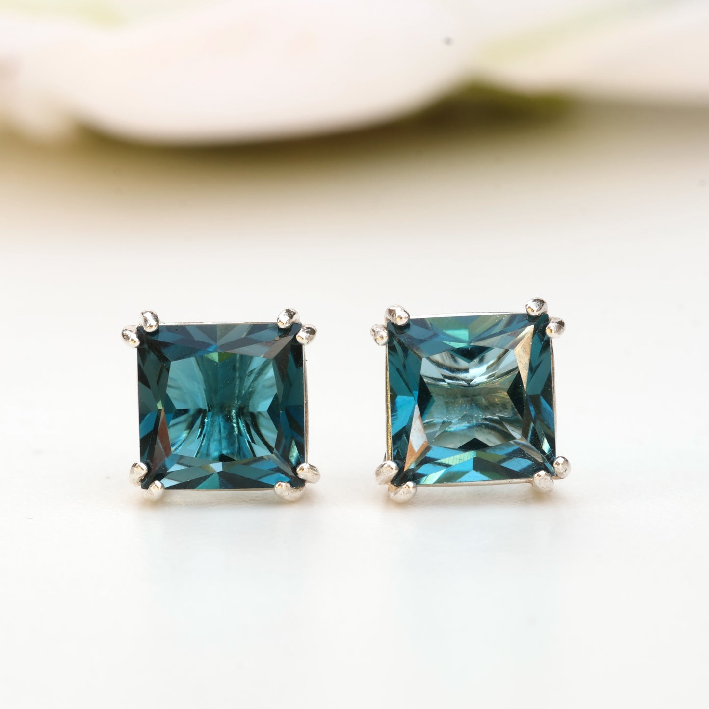 6mm Natural London Blue Topaz Sterling Silver Square Stud Earrings - December Birthstone
