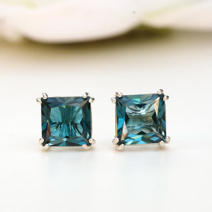 6mm Natural London Blue Topaz Sterling Silver Square Stud Earrings - December Birthstone