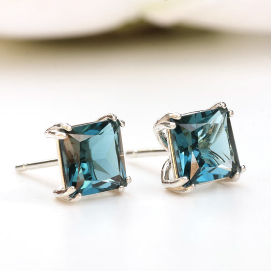 6mm Natural London Blue Topaz Sterling Silver Square Stud Earrings - December Birthstone