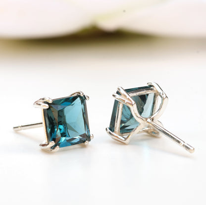 6mm Natural London Blue Topaz Sterling Silver Square Stud Earrings - December Birthstone