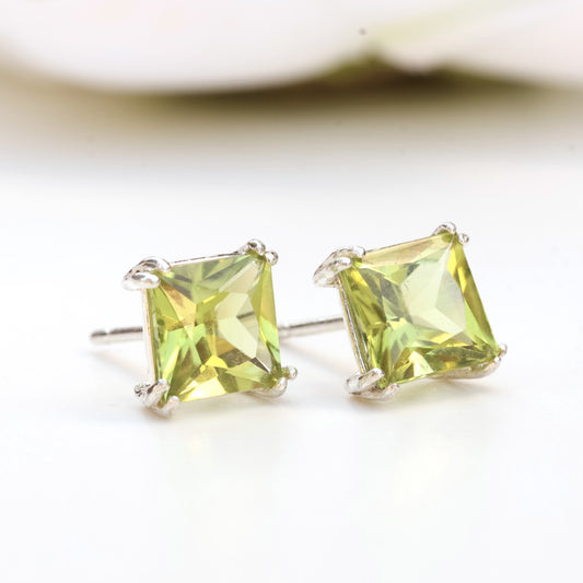 6mm Natural Peridot Sterling Silver Square Stud Earrings - August Birthstone