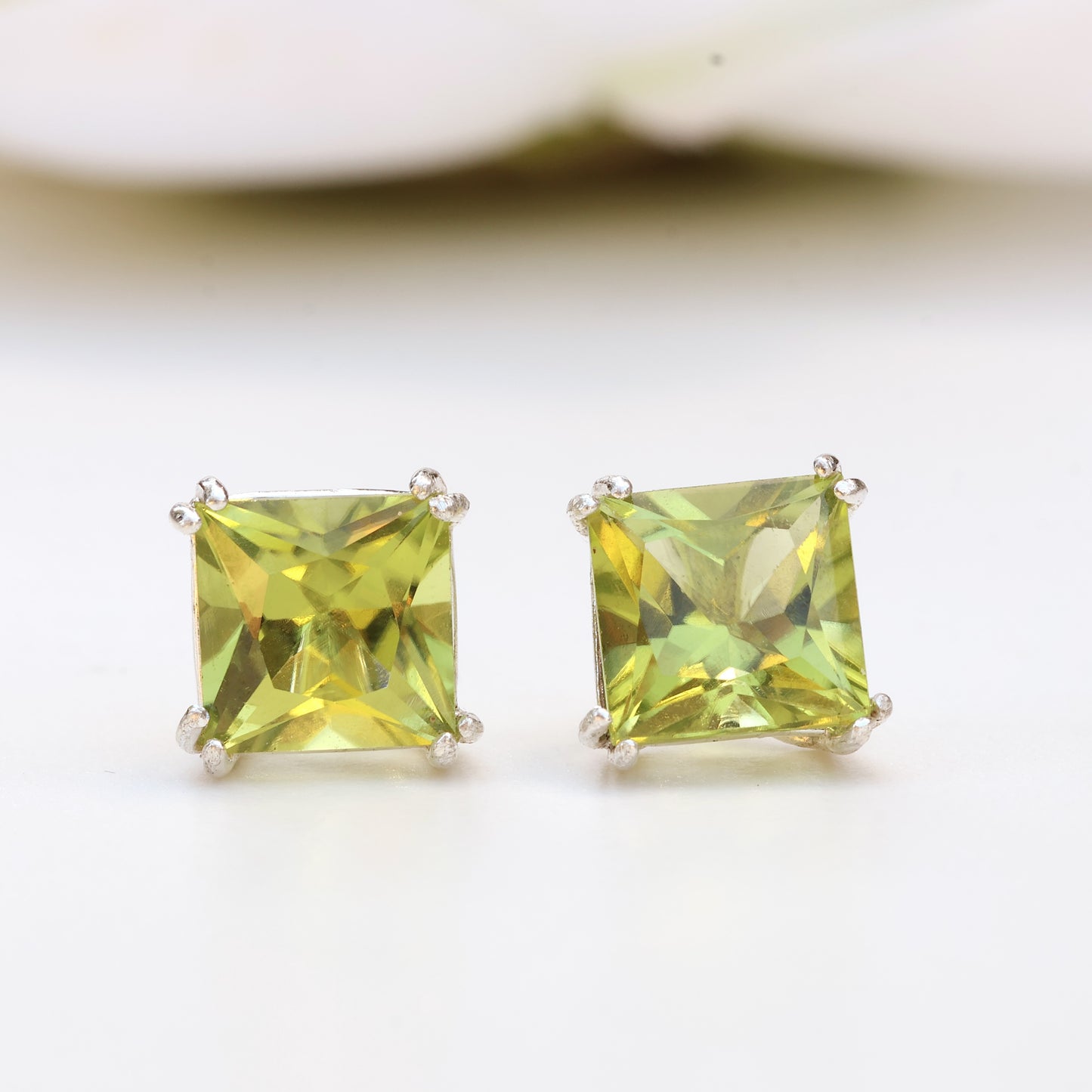 6mm Natural Peridot Sterling Silver Square Stud Earrings - August Birthstone