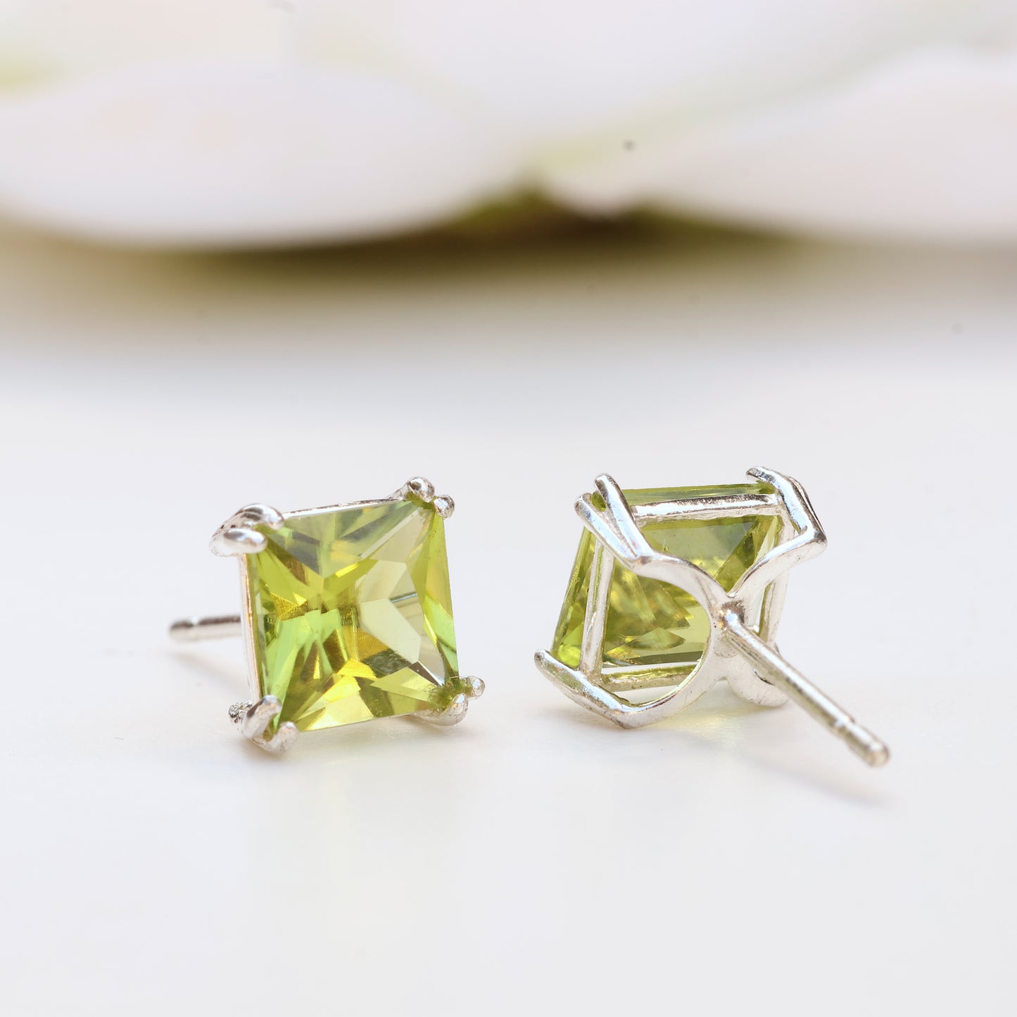 6mm Natural Peridot Sterling Silver Square Stud Earrings - August Birthstone