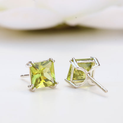 6mm Natural Peridot Sterling Silver Square Stud Earrings - August Birthstone