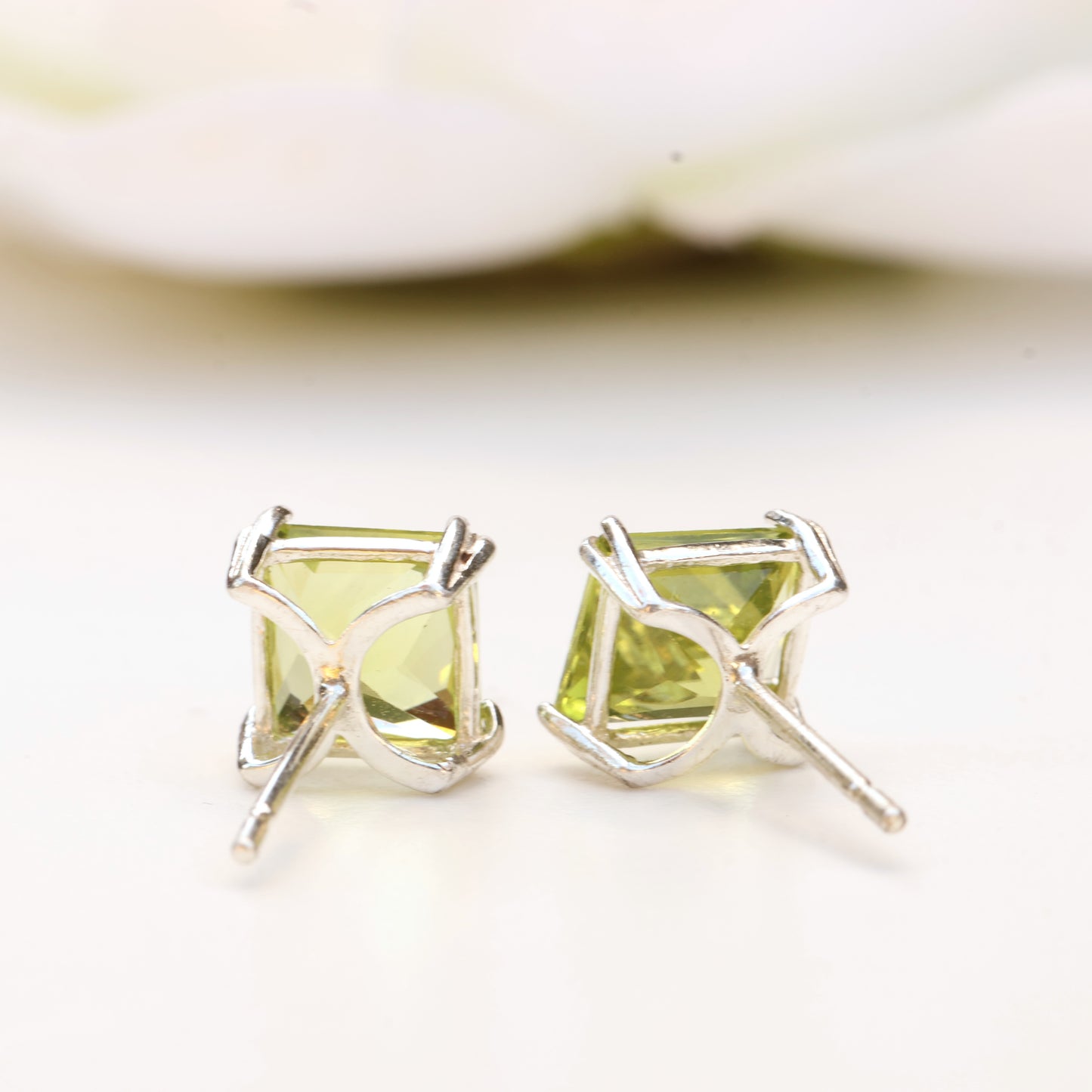 6mm Natural Peridot Sterling Silver Square Stud Earrings - August Birthstone
