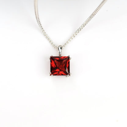 6mm Natural Garnet Square 925 Sterling Silver Pendant Necklace - January Birthstone