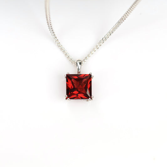 6mm Natural Garnet Square 925 Sterling Silver Pendant Necklace - January Birthstone