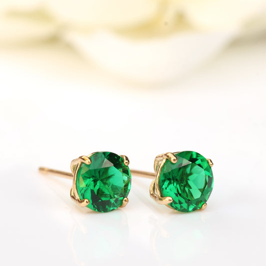 6mm Lab-Grown Emerald 9ct Yellow Gold Round Stud Earrings - May Birthstone