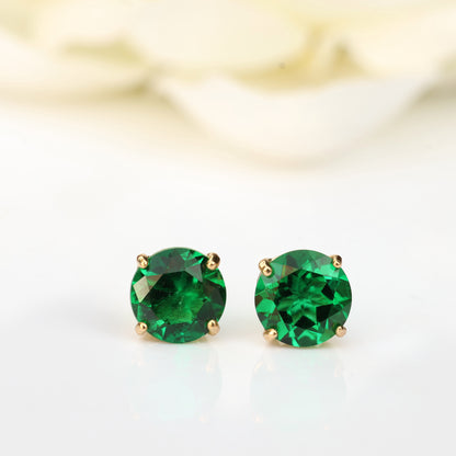 6mm Lab-Grown Emerald 9ct Yellow Gold Round Stud Earrings - May Birthstone