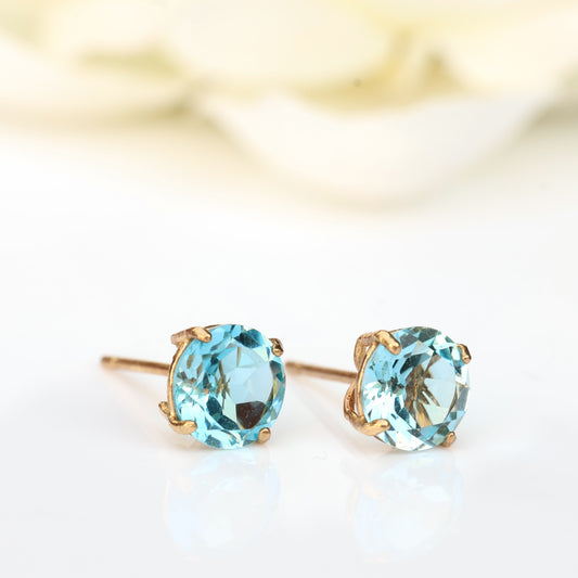 6mm Natural Swiss Blue Topaz 9ct Yellow Gold Round Stud Earrings - December Birthstone