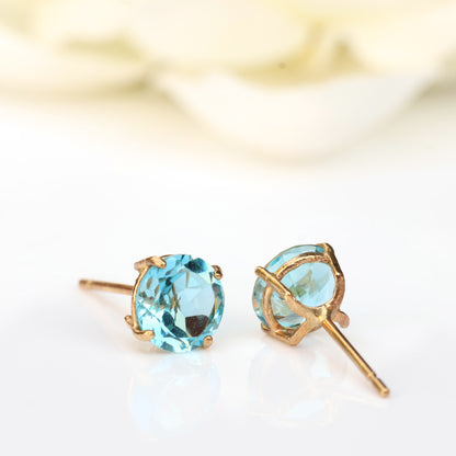 6mm Natural Swiss Blue Topaz 9ct Yellow Gold Round Stud Earrings - December Birthstone