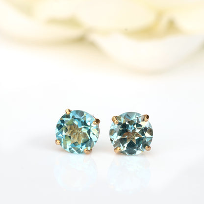 6mm Natural Swiss Blue Topaz 9ct Yellow Gold Round Stud Earrings - December Birthstone