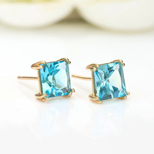 6mm Natural Swiss Blue Topaz 9ct Yellow Gold Square Stud Earrings - December Birthstone