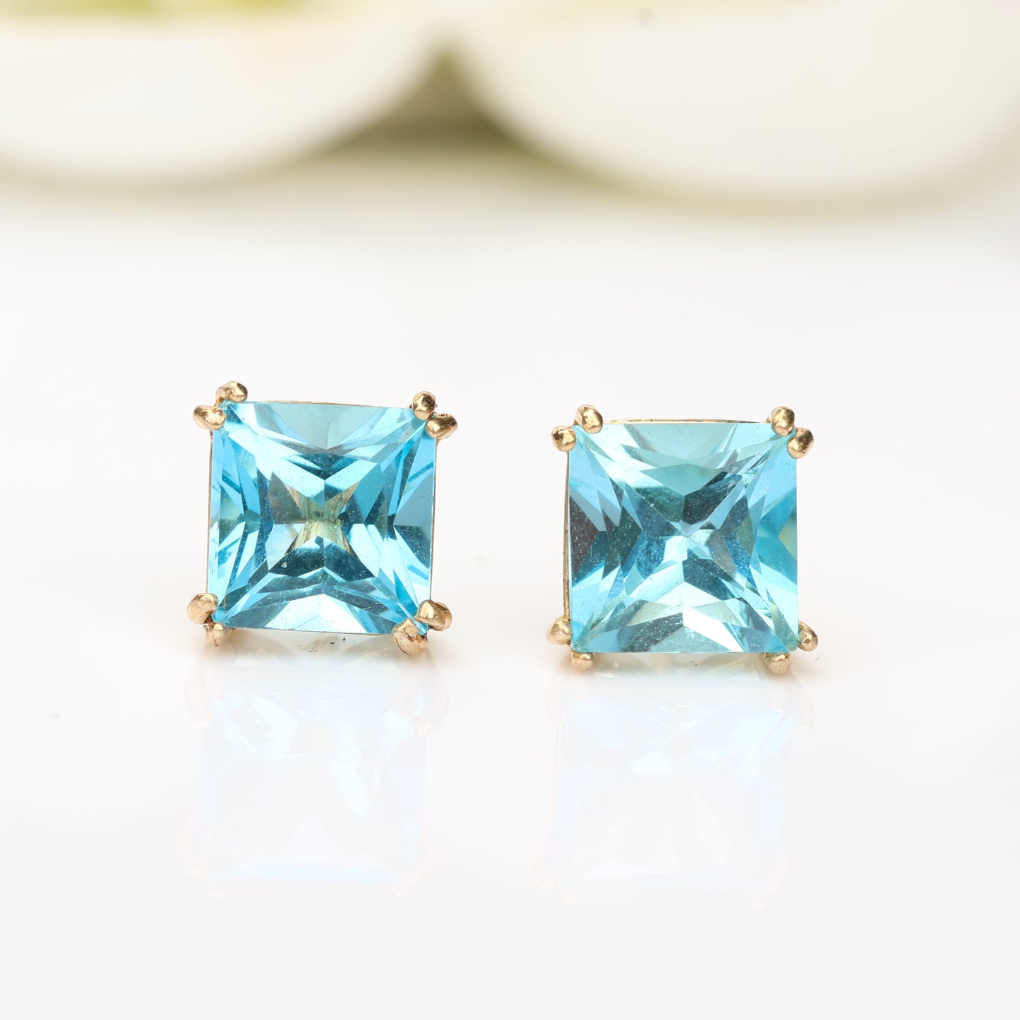 6mm Natural Swiss Blue Topaz 9ct Yellow Gold Square Stud Earrings - December Birthstone