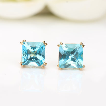6mm Natural Swiss Blue Topaz 9ct Yellow Gold Square Stud Earrings - December Birthstone