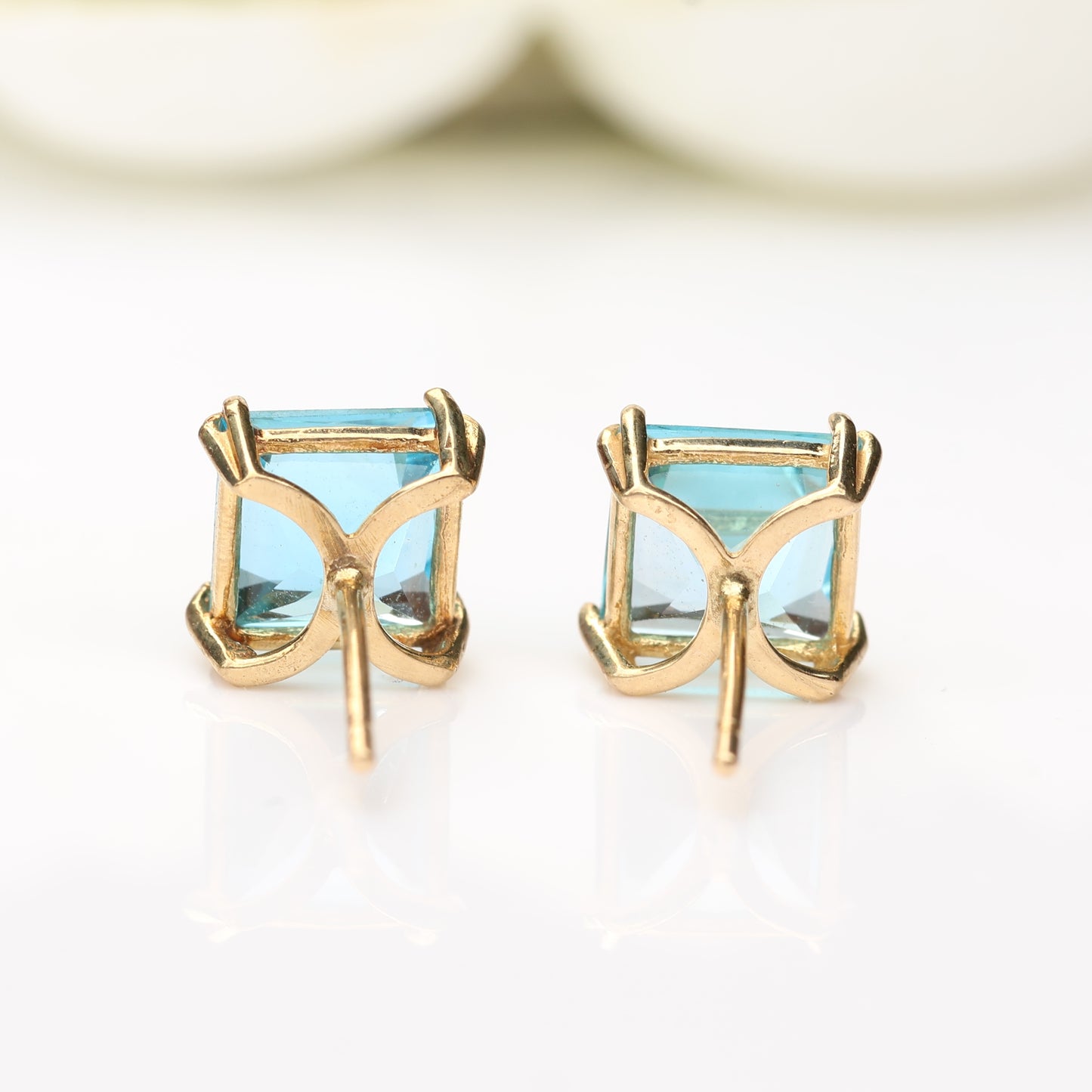 6mm Natural Swiss Blue Topaz 9ct Yellow Gold Square Stud Earrings - December Birthstone