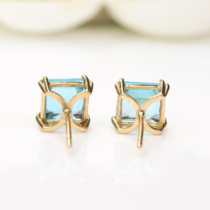 6mm Natural Swiss Blue Topaz 9ct Yellow Gold Square Stud Earrings - December Birthstone