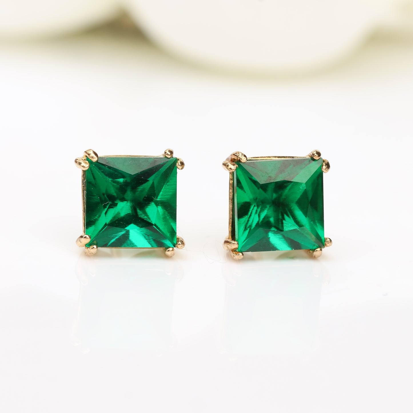 6mm Lab-Grown Emerald 9ct Yellow Gold Square Stud Earrings - May Birthstone