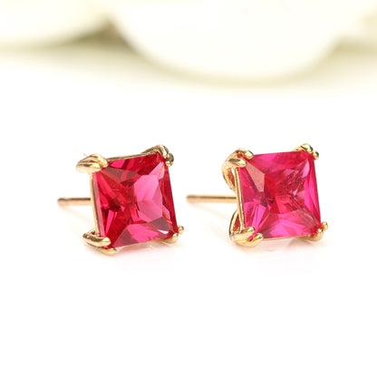 6mm Lab-Grown Ruby 9ct Yellow Gold Square Stud Earrings - July Birthstone