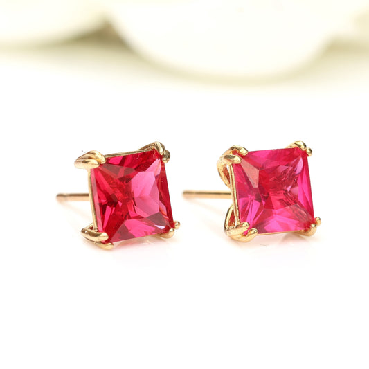 6mm Lab-Grown Ruby 9ct Yellow Gold Square Stud Earrings - July Birthstone