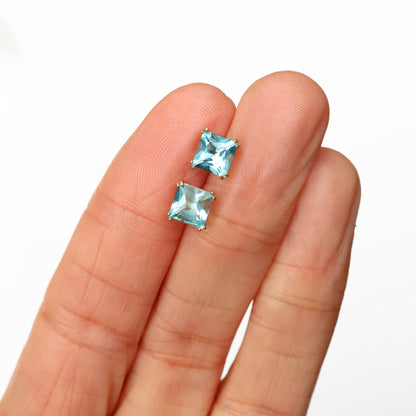 6mm Natural Swiss Blue Topaz 9ct Yellow Gold Square Stud Earrings - December Birthstone