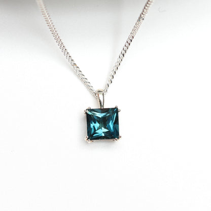 6mm Square Natural London Blue Topaz 925 Sterling Silver Pendant Necklace - December Birthstone