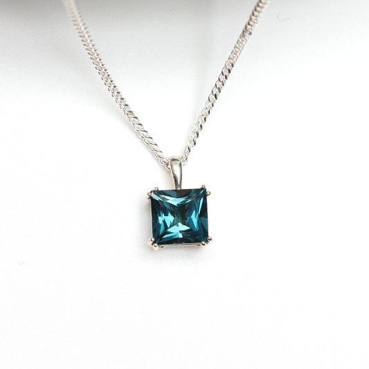 6mm Square Natural London Blue Topaz 925 Sterling Silver Pendant Necklace - December Birthstone