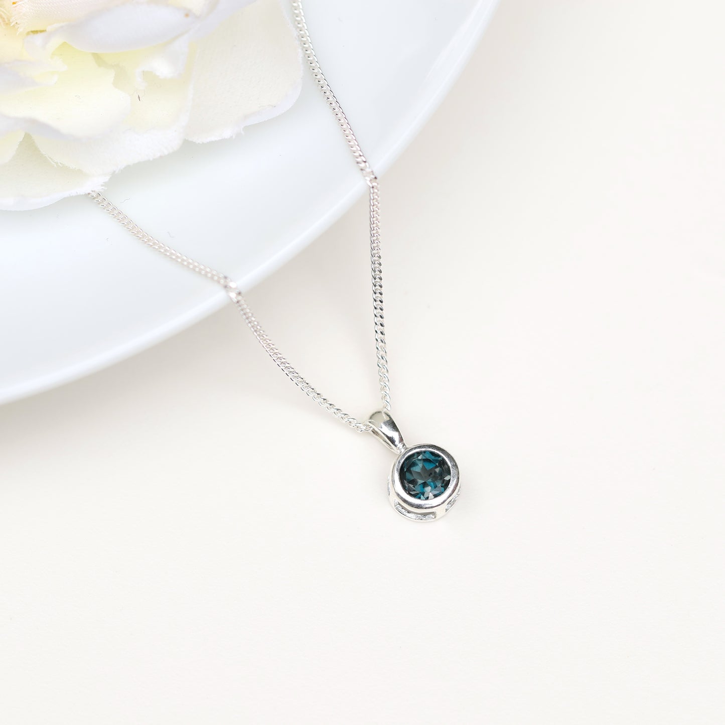 6mm Natural London Blue Topaz Sterling Silver Round Pendant Necklace - December Birthstone